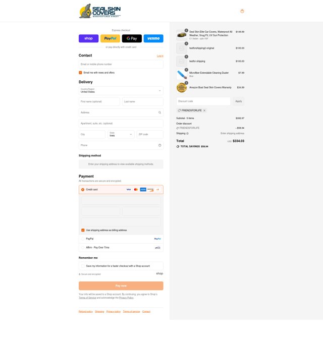 Seal Skin Covers checkout page showing Seal Skin Covers discount code box | Screenshot taken by SimplyCodes community member on Sep 4, 2025