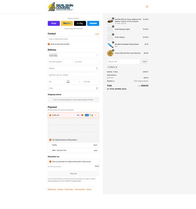 Seal Skin Covers checkout page showing Seal Skin Covers discount code box | Screenshot taken by SimplyCodes community member on Sep 4, 2025