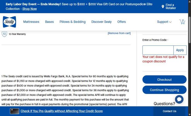 Sealy checkout page showing Sealy promo code box | Screenshot taken by SimplyCodes community member on Aug 16, 2025