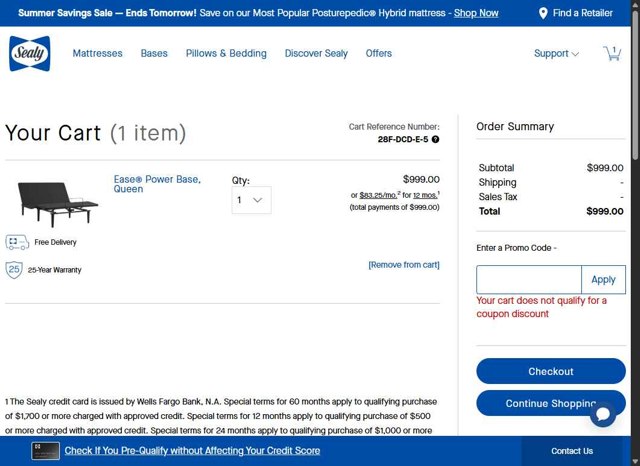 Sealy checkout page showing Sealy promo code box | Screenshot taken by SimplyCodes community member on Jul 20, 2025