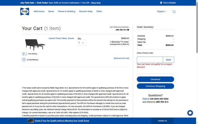 Sealy checkout page showing Sealy promo code box | Screenshot taken by SimplyCodes community member on Jul 17, 2025