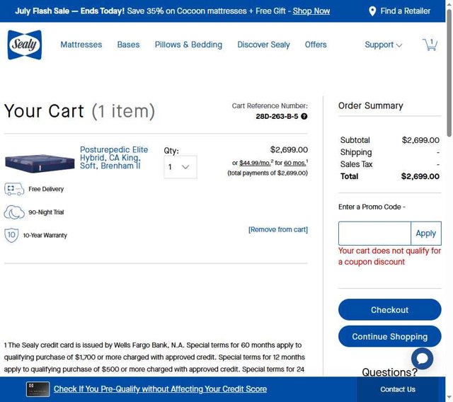 Sealy checkout page showing Sealy promo code box | Screenshot taken by SimplyCodes community member on Jul 17, 2025
