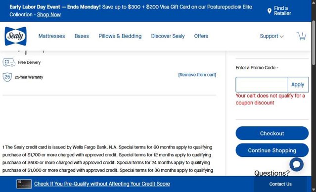 Sealy checkout page showing Sealy promo code box | Screenshot taken by SimplyCodes community member on Aug 16, 2025