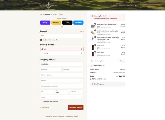 Seamus Golf checkout page showing Seamus Golf promo code box | Screenshot taken by SimplyCodes community member on Sep 3, 2025