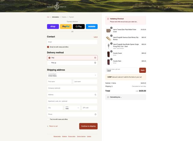 Seamus Golf checkout page showing Seamus Golf promo code box | Screenshot taken by SimplyCodes community member on Sep 3, 2025