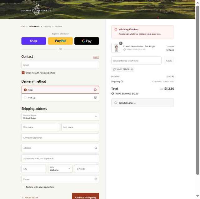 Seamus Golf checkout page showing Seamus Golf promo code box | Screenshot taken by SimplyCodes community member on Sep 4, 2025