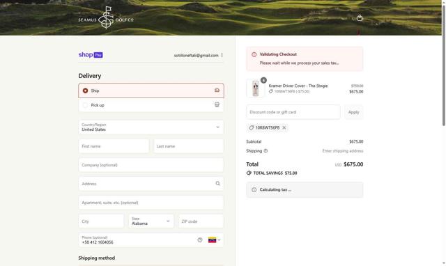 Seamus Golf checkout page showing Seamus Golf promo code box | Screenshot taken by SimplyCodes community member on Aug 26, 2025