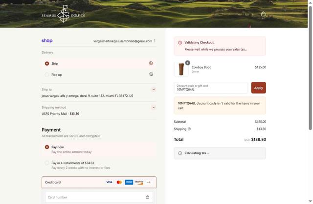 Seamus Golf checkout page showing Seamus Golf promo code box | Screenshot taken by SimplyCodes community member on Sep 8, 2025