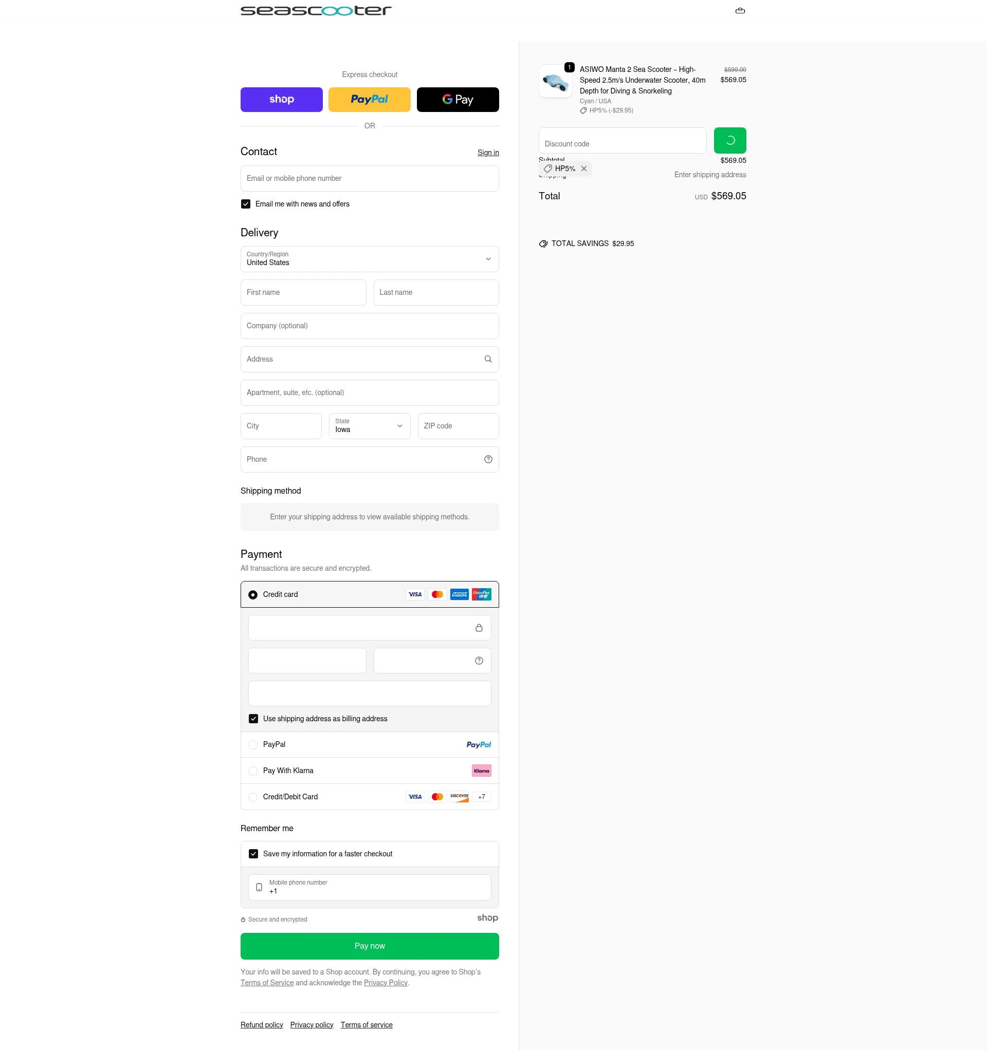 Asiwo | Manta Sea Scooter checkout page showing Asiwo | Manta Sea Scooter promo code box | Screenshot taken by SimplyCodes community member on Jan 8, 2026
