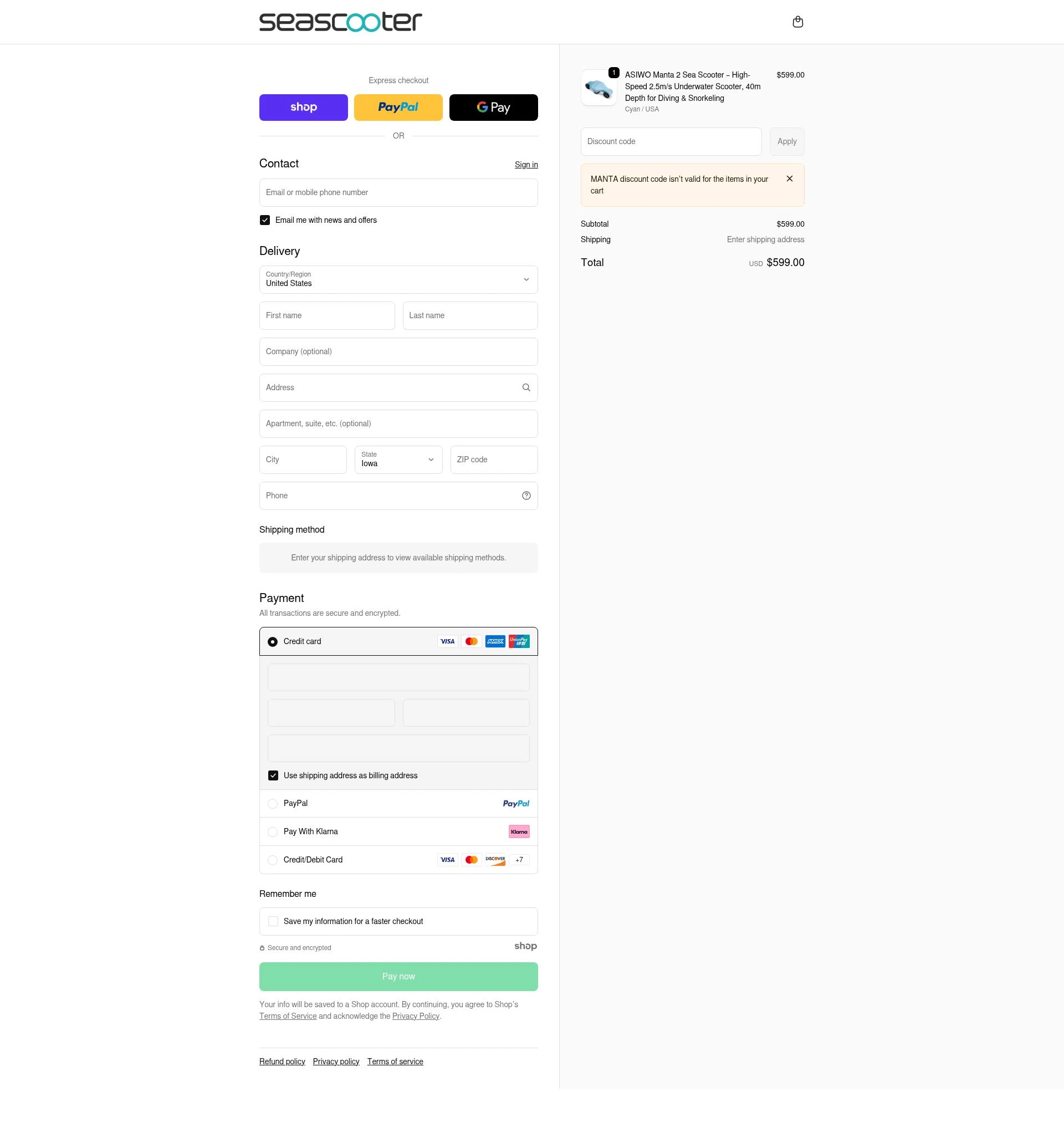 Asiwo | Manta Sea Scooter checkout page showing Asiwo | Manta Sea Scooter promo code box | Screenshot taken by SimplyCodes community member on Jan 8, 2026