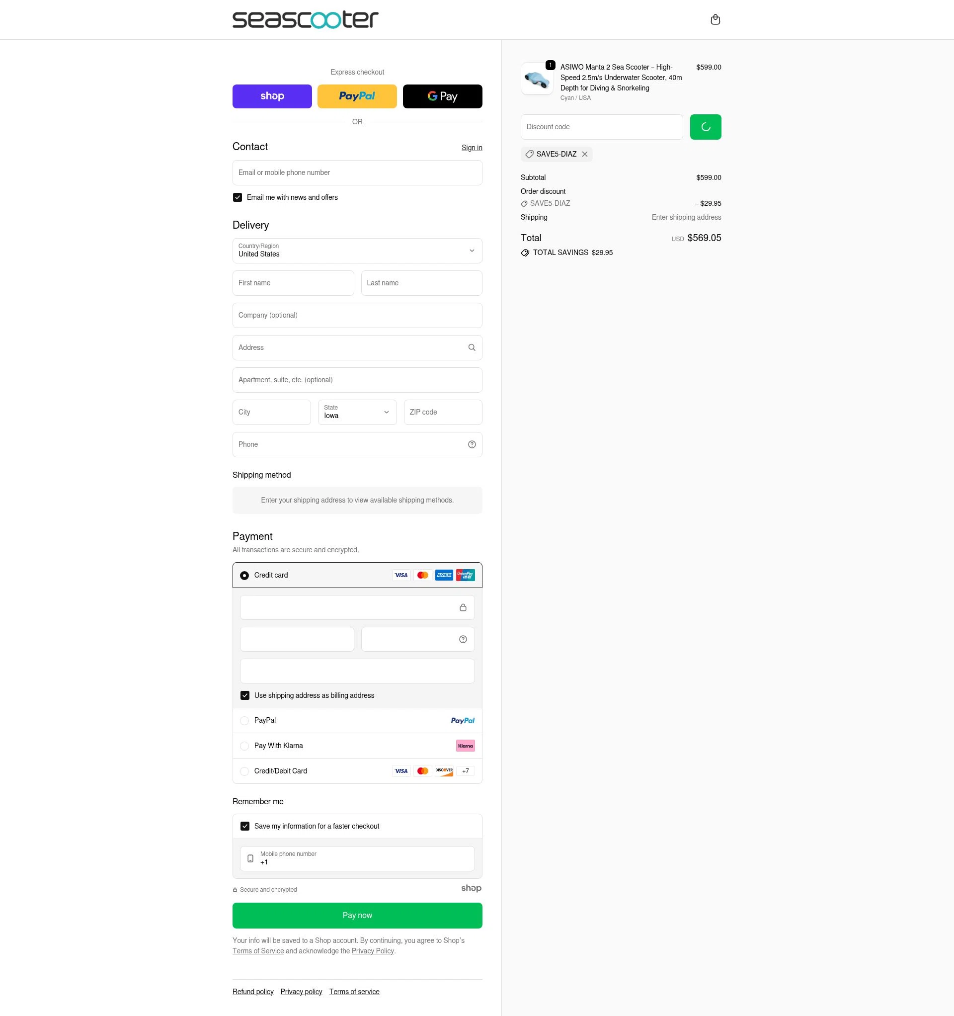 Asiwo | Manta Sea Scooter checkout page showing Asiwo | Manta Sea Scooter promo code box | Screenshot taken by SimplyCodes community member on Jan 8, 2026