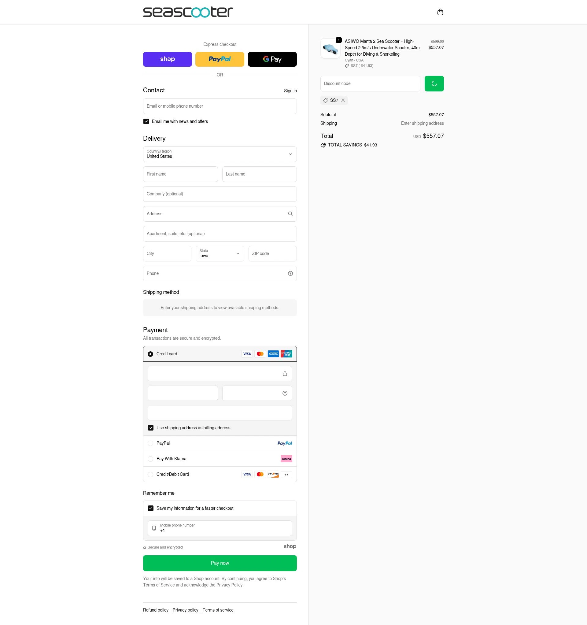 Asiwo | Manta Sea Scooter checkout page showing Asiwo | Manta Sea Scooter promo code box | Screenshot taken by SimplyCodes community member on Jan 8, 2026