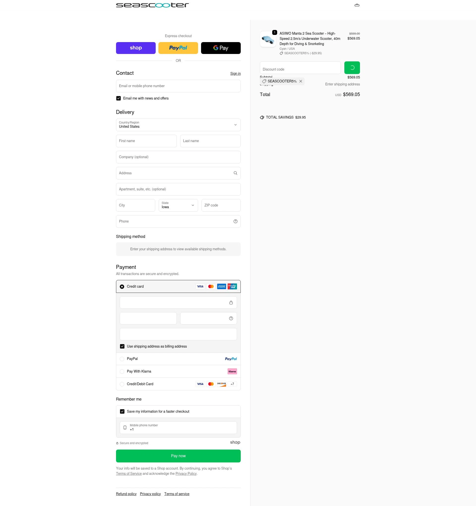 Asiwo | Manta Sea Scooter checkout page showing Asiwo | Manta Sea Scooter promo code box | Screenshot taken by SimplyCodes community member on Jan 8, 2026
