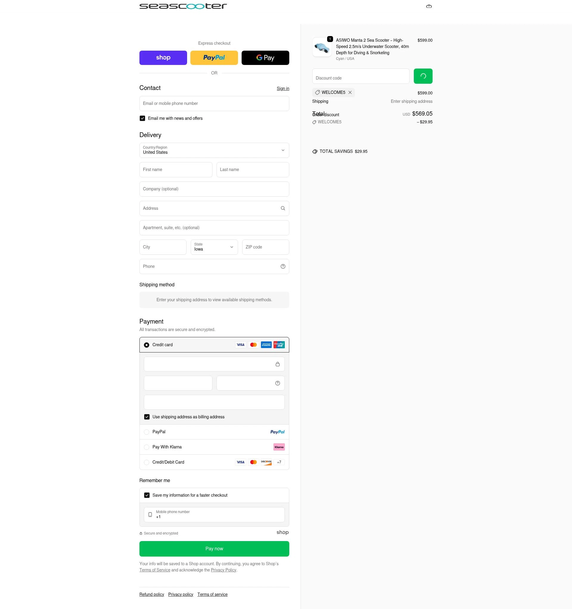 Asiwo | Manta Sea Scooter checkout page showing Asiwo | Manta Sea Scooter promo code box | Screenshot taken by SimplyCodes community member on Jan 8, 2026