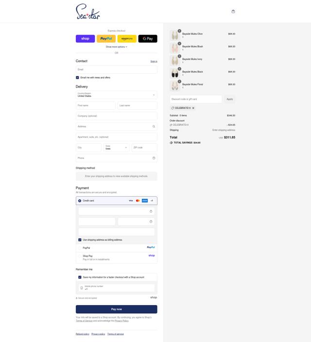 Sea Star Beachwear checkout page showing Sea Star Beachwear promo code box | Screenshot taken by SimplyCodes community member on Sep 11, 2025
