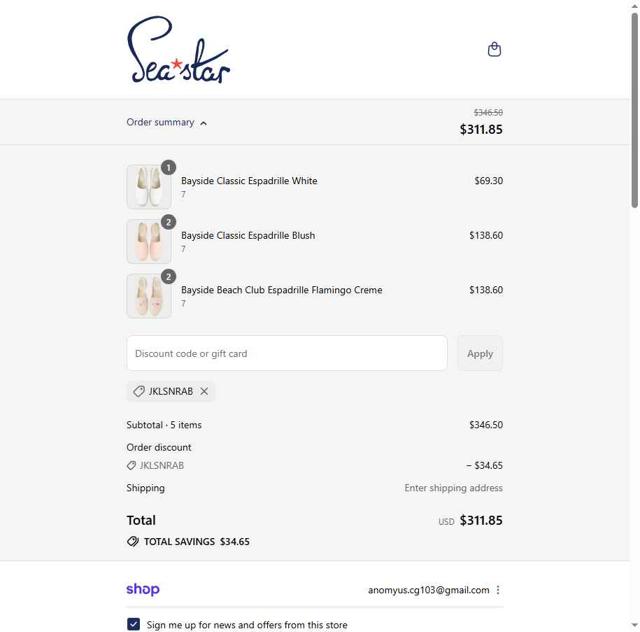 Sea Star Beachwear checkout page showing Sea Star Beachwear promo code box | Screenshot taken by SimplyCodes community member on Sep 13, 2025