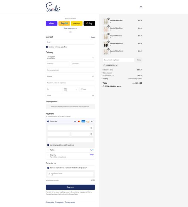 Sea Star Beachwear checkout page showing Sea Star Beachwear promo code box | Screenshot taken by SimplyCodes community member on Sep 7, 2025