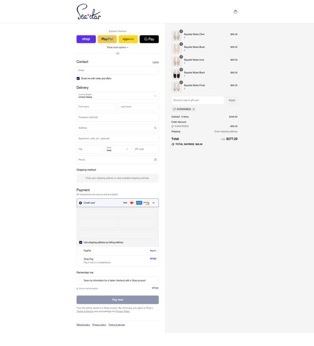 Sea Star Beachwear checkout page showing Sea Star Beachwear promo code box | Screenshot taken by SimplyCodes community member on Sep 7, 2025