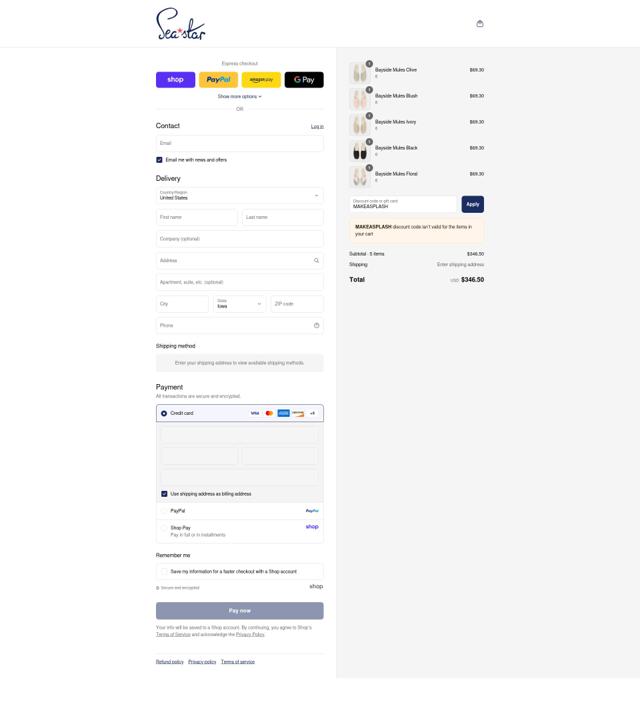Sea Star Beachwear checkout page showing Sea Star Beachwear promo code box | Screenshot taken by SimplyCodes community member on Sep 7, 2025