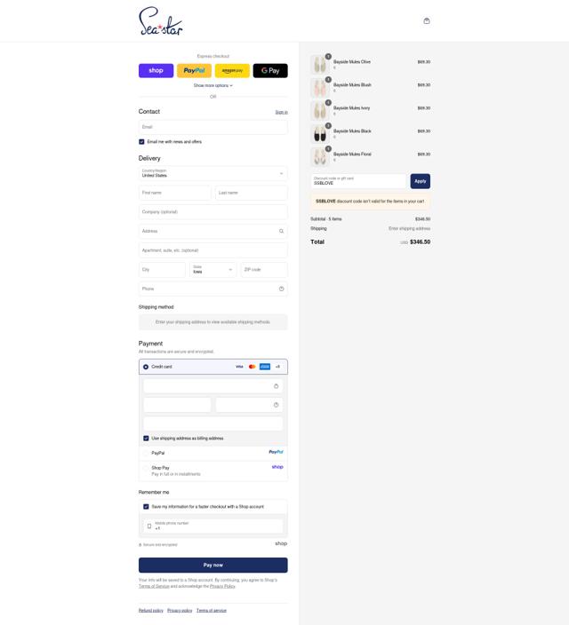 Sea Star Beachwear checkout page showing Sea Star Beachwear promo code box | Screenshot taken by SimplyCodes community member on Sep 11, 2025