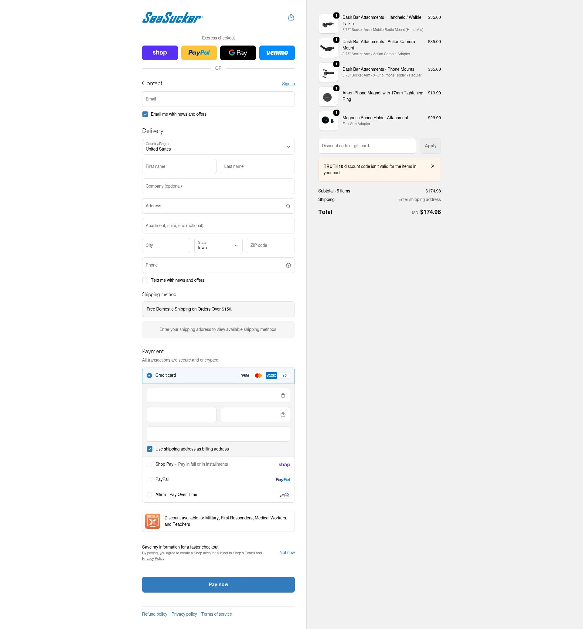 SeaSucker checkout page showing SeaSucker discount code box | Screenshot taken by SimplyCodes community member on Feb 18, 2026