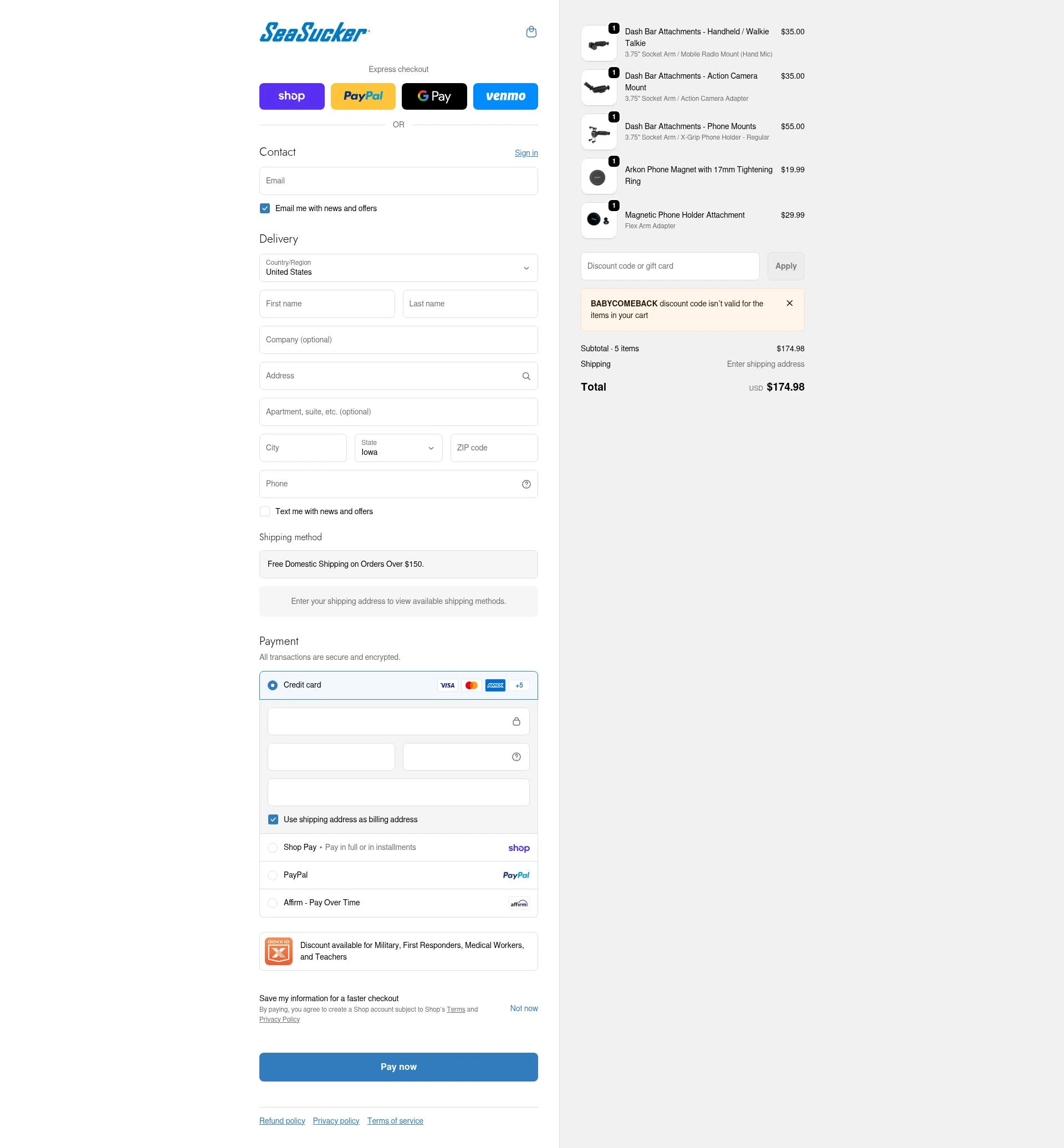 SeaSucker checkout page showing SeaSucker discount code box | Screenshot taken by SimplyCodes community member on Feb 18, 2026