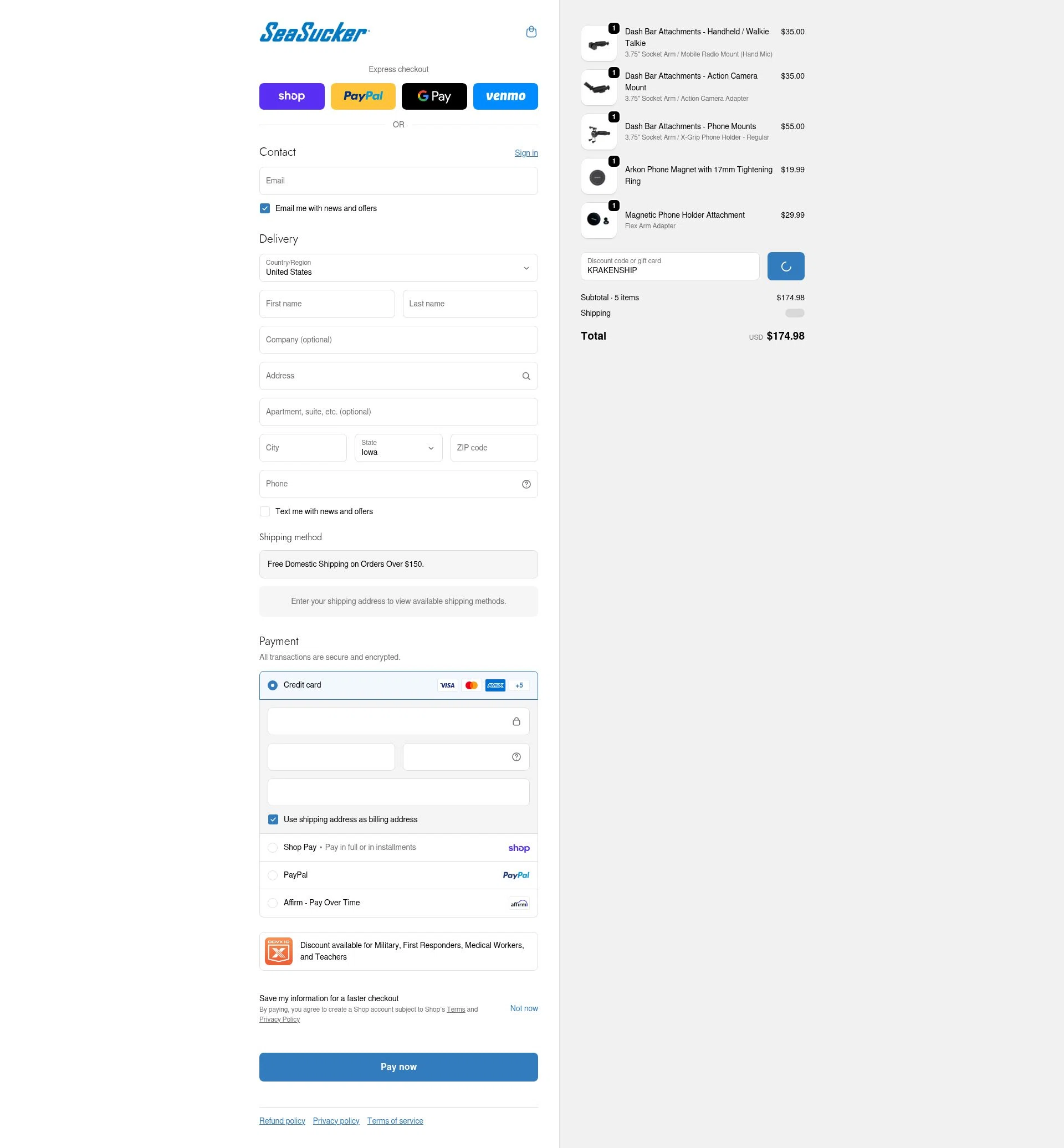 SeaSucker checkout page showing SeaSucker discount code box | Screenshot taken by SimplyCodes community member on Feb 18, 2026