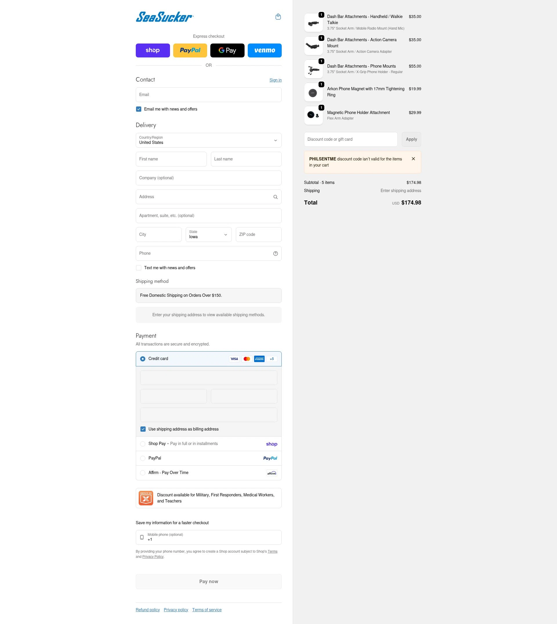 SeaSucker checkout page showing SeaSucker discount code box | Screenshot taken by SimplyCodes community member on Feb 18, 2026