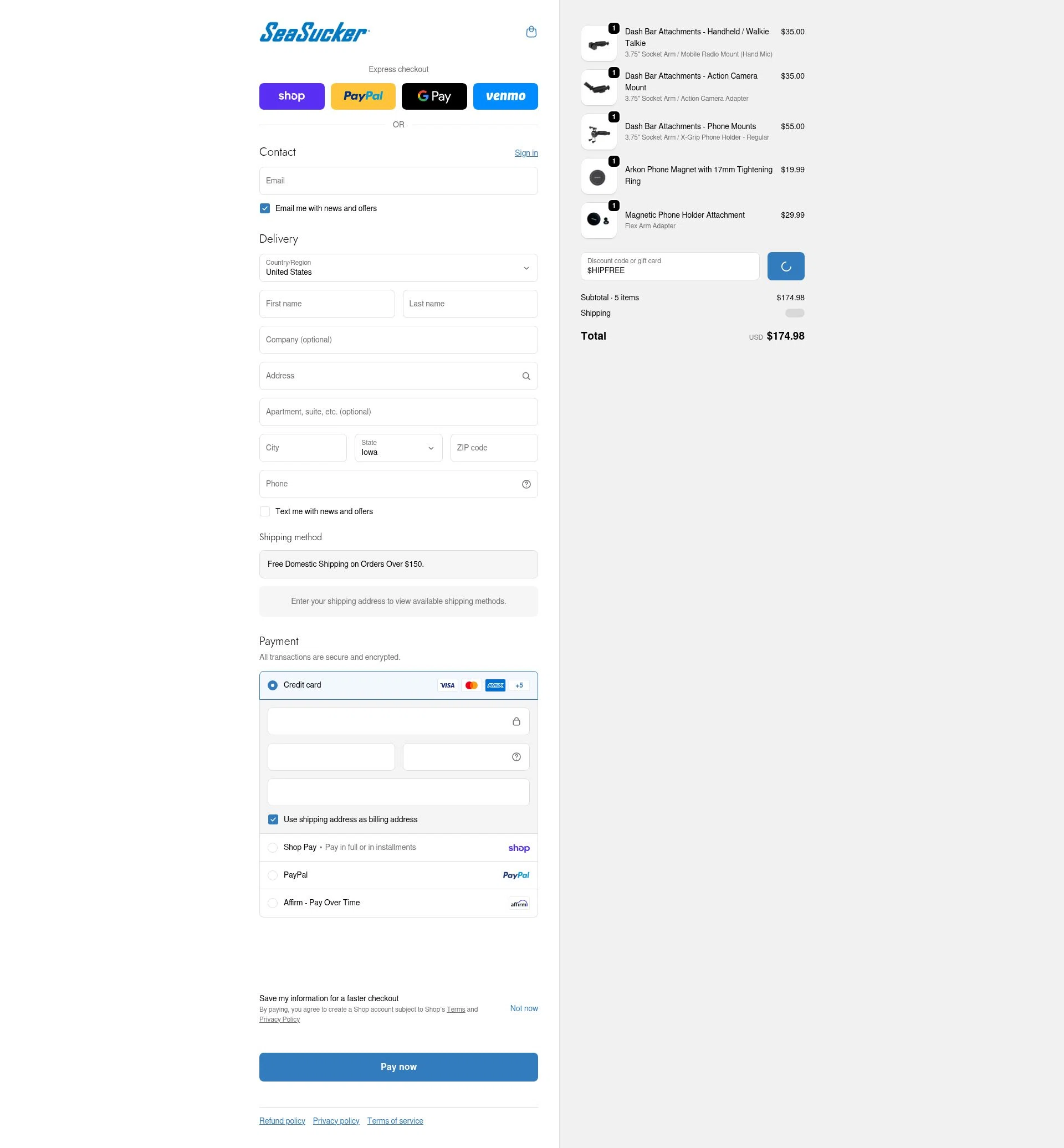 SeaSucker checkout page showing SeaSucker discount code box | Screenshot taken by SimplyCodes community member on Feb 18, 2026