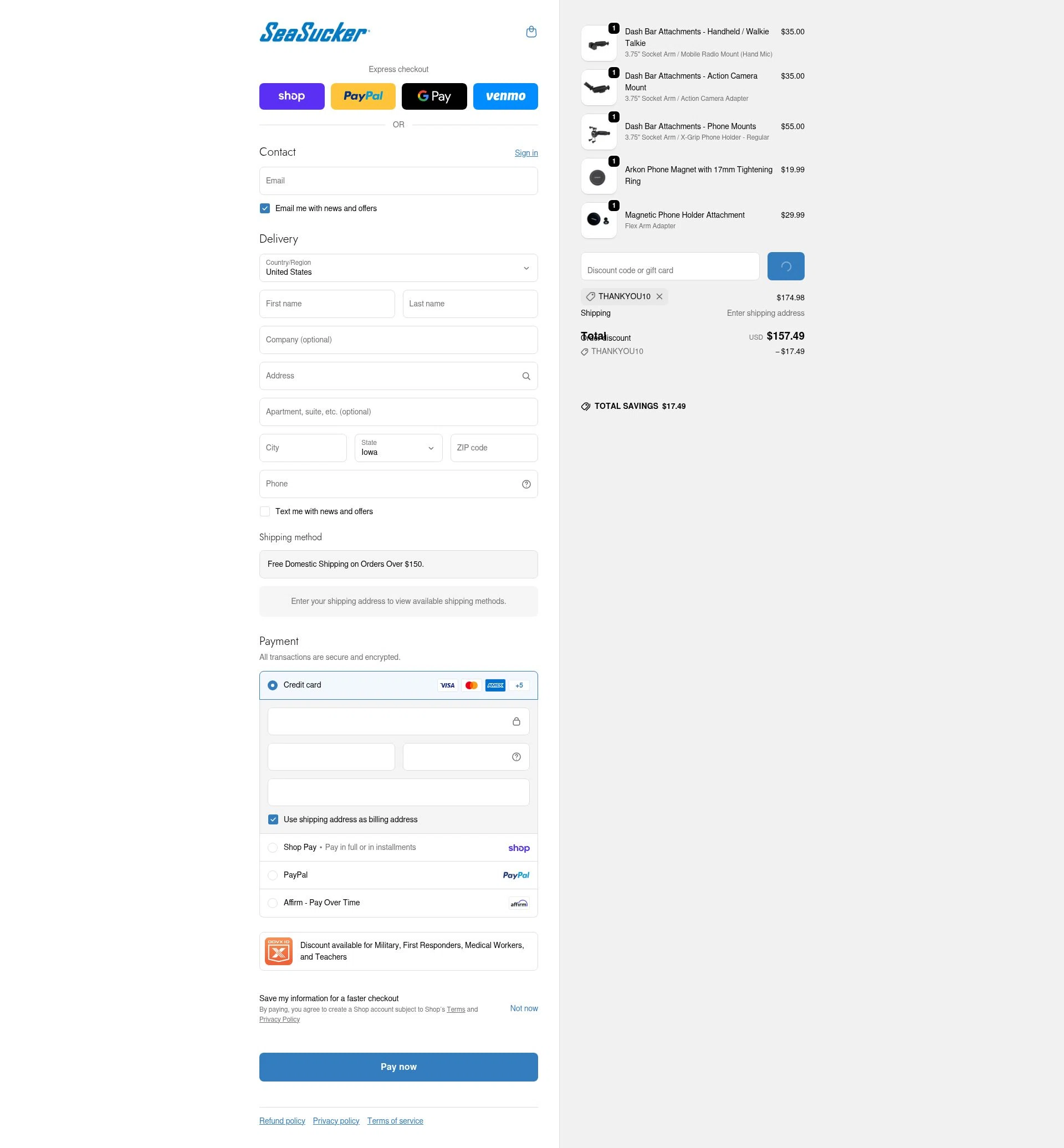 SeaSucker checkout page showing SeaSucker discount code box | Screenshot taken by SimplyCodes community member on Feb 18, 2026