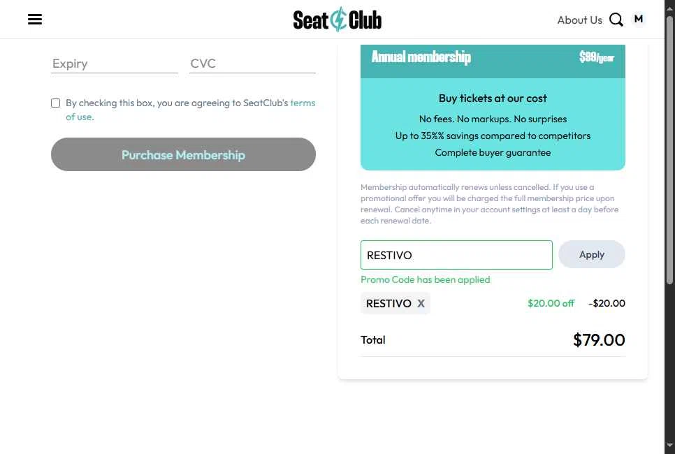 SeatClub checkout page showing SeatClub promo code box | Screenshot taken by SimplyCodes community member on Oct 3, 2025
