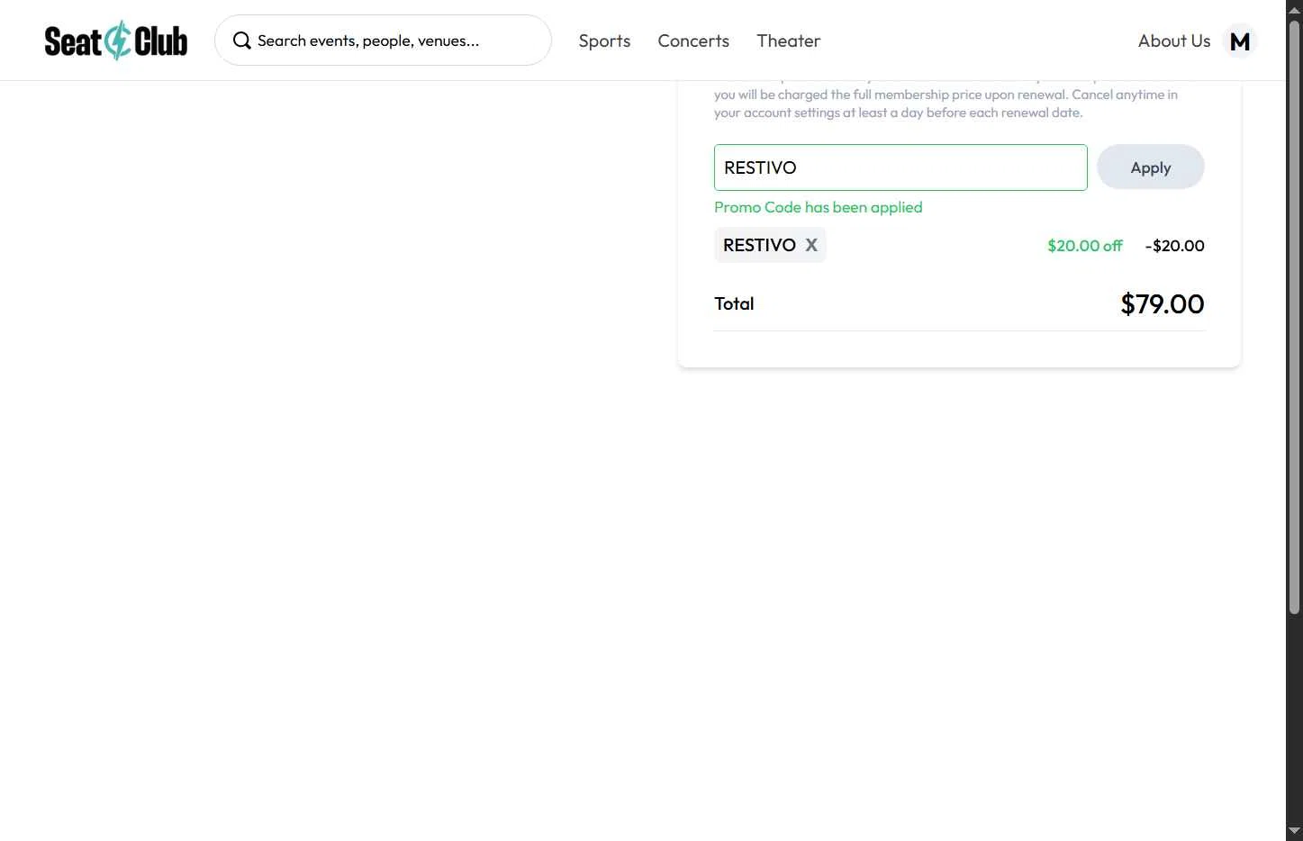 SeatClub checkout page showing SeatClub promo code box | Screenshot taken by SimplyCodes community member on Oct 3, 2025