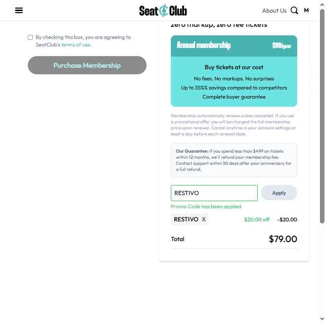 SeatClub checkout page showing SeatClub promo code box | Screenshot taken by SimplyCodes community member on Jan 27, 2026