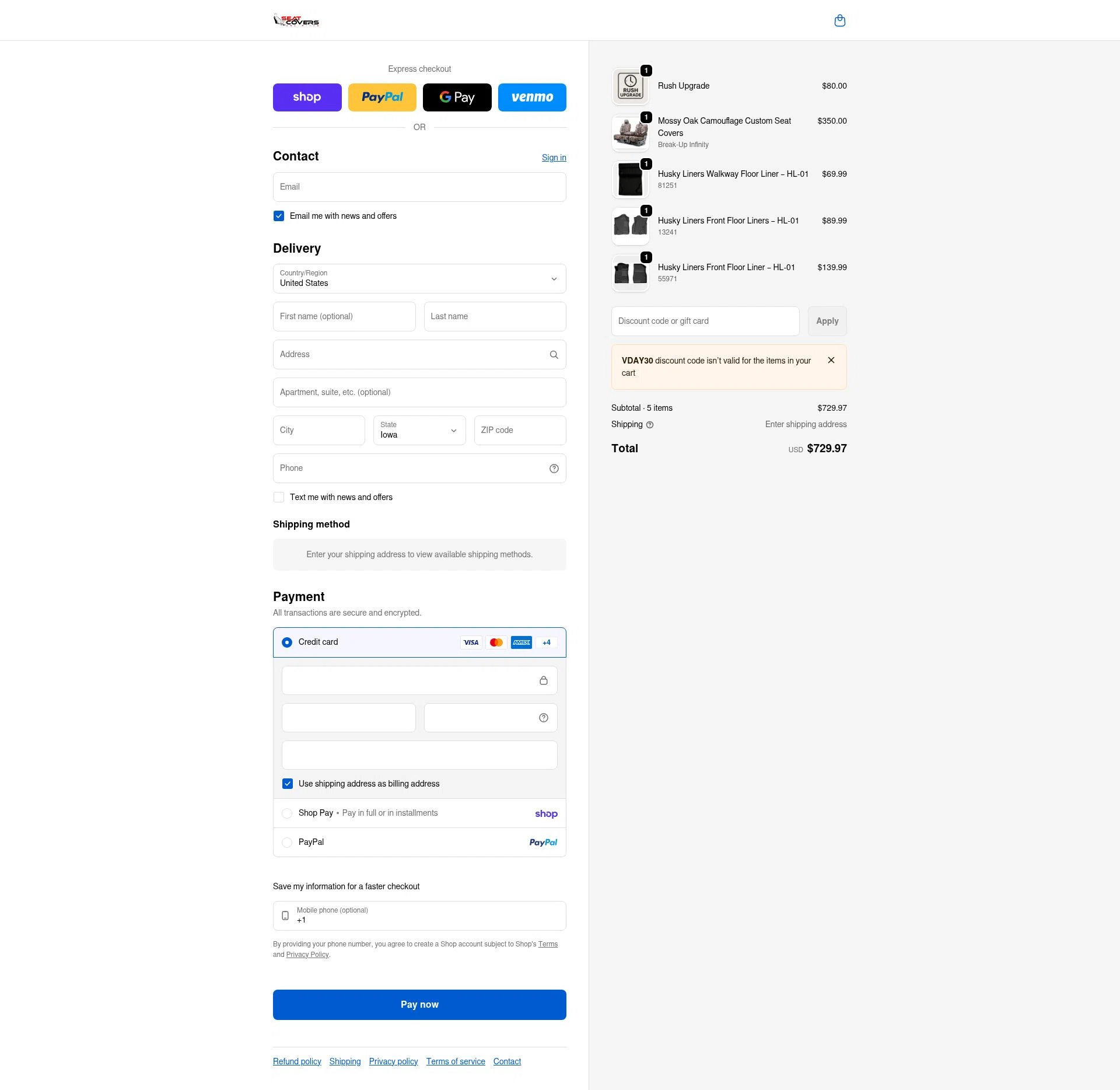 Seat Covers Unlimited checkout page showing Seat Covers Unlimited promo code box | Screenshot taken by SimplyCodes community member on Feb 17, 2026