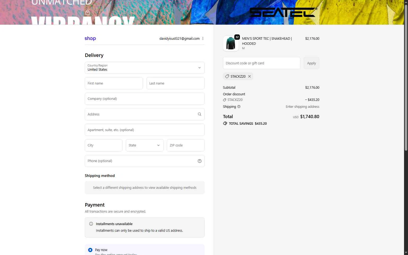 Seatec Outfitters checkout page showing Seatec Outfitters discount code box | Screenshot taken by SimplyCodes community member on Feb 14, 2026