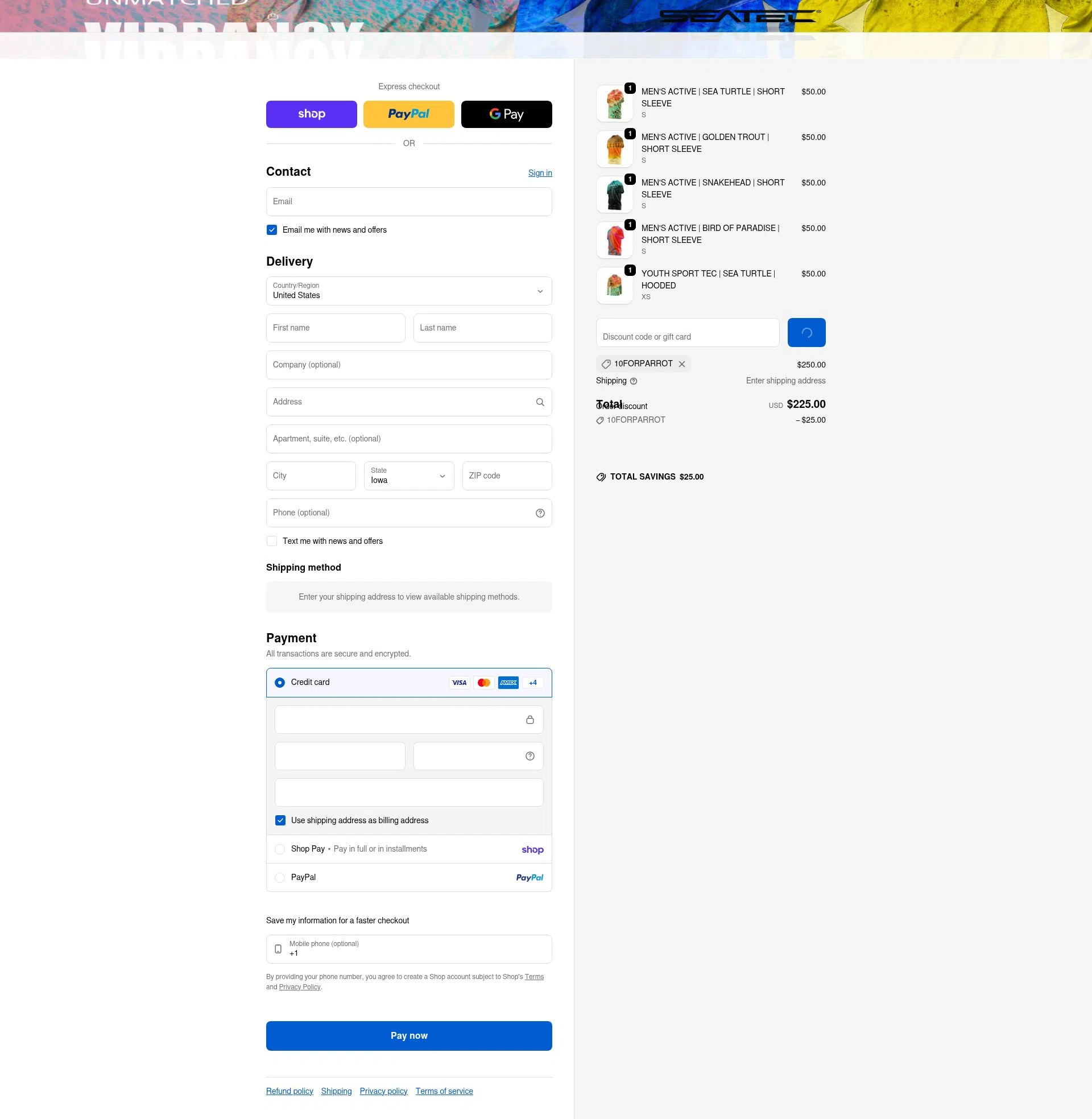 Seatec Outfitters checkout page showing Seatec Outfitters discount code box | Screenshot taken by SimplyCodes community member on Feb 18, 2026