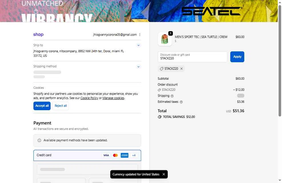 Seatec Outfitters checkout page showing Seatec Outfitters discount code box | Screenshot taken by SimplyCodes community member on Feb 18, 2026