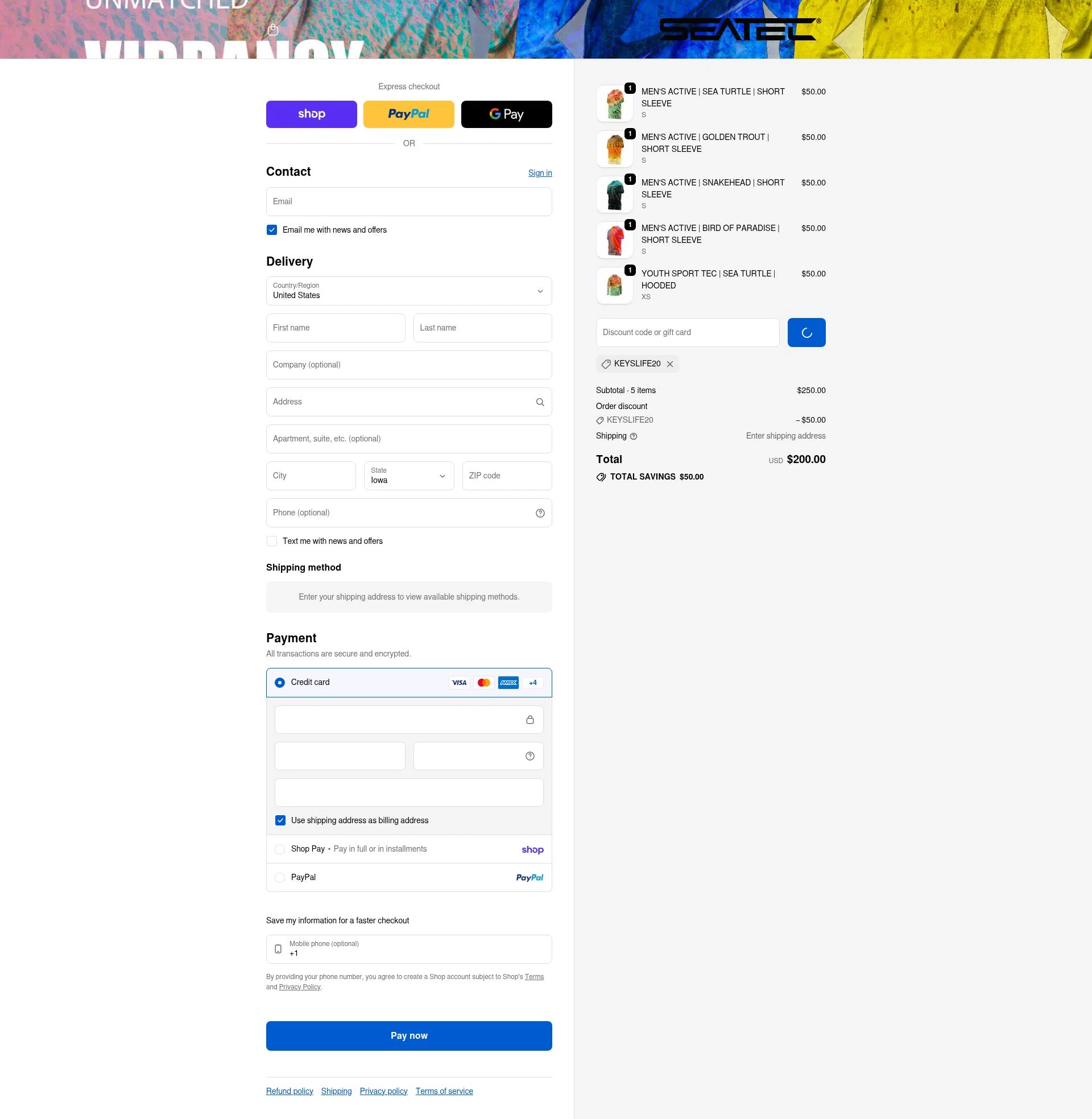 Seatec Outfitters checkout page showing Seatec Outfitters discount code box | Screenshot taken by SimplyCodes community member on Feb 18, 2026