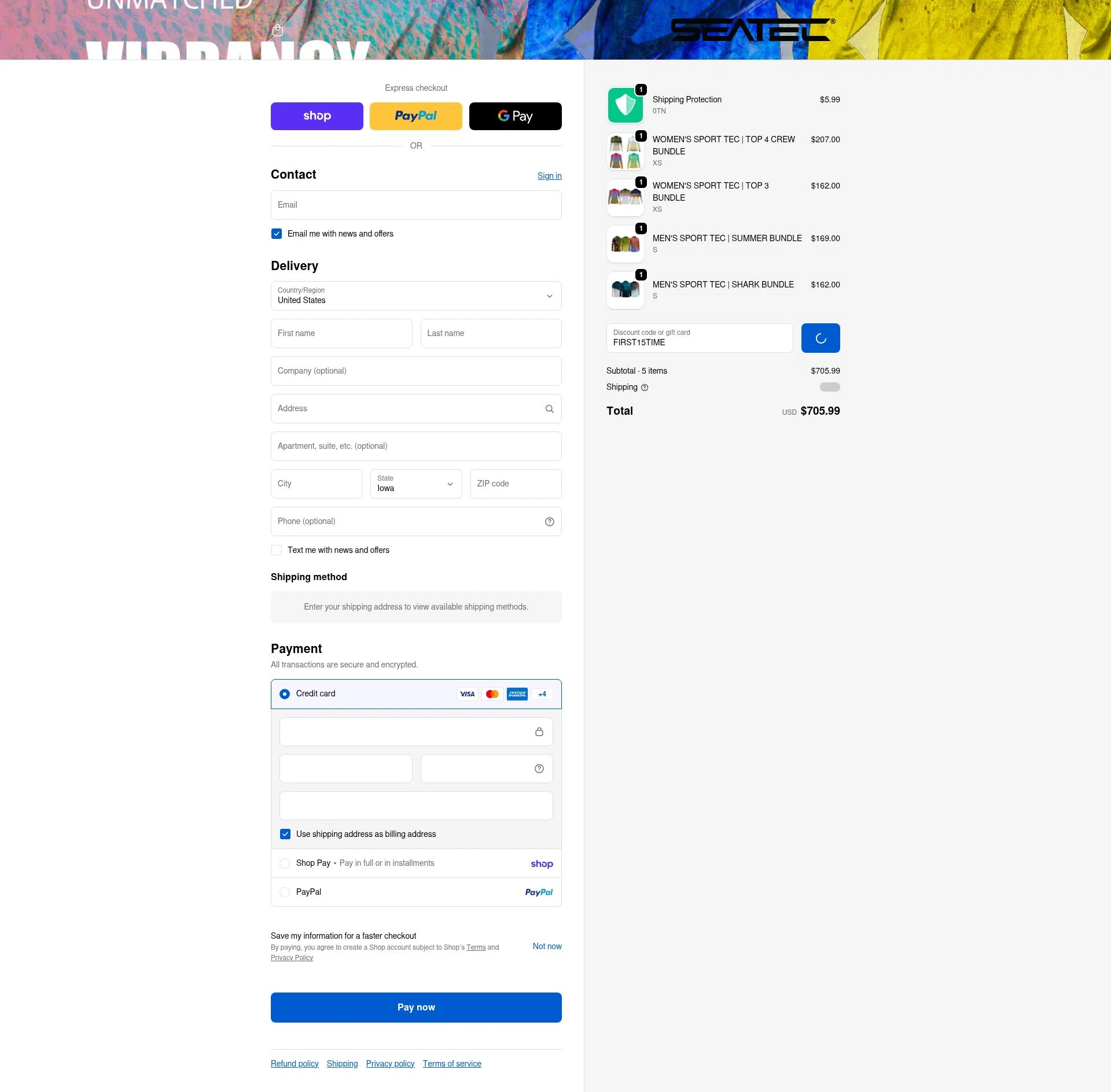Seatec Outfitters checkout page showing Seatec Outfitters discount code box | Screenshot taken by SimplyCodes community member on Feb 14, 2026