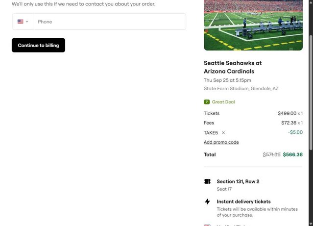 SeatGeek checkout page showing SeatGeek promo code box | Screenshot taken by SimplyCodes community member on Aug 25, 2025