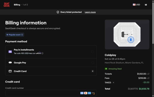 SeatGeek checkout page showing SeatGeek promo code box | Screenshot taken by SimplyCodes community member on Jul 9, 2025