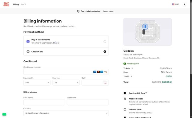 SeatGeek checkout page showing SeatGeek promo code box | Screenshot taken by SimplyCodes community member on Jul 9, 2025