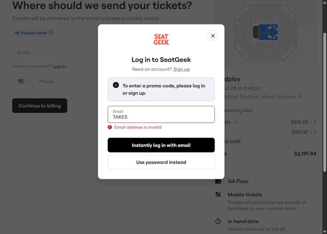 SeatGeek checkout page showing SeatGeek promo code box | Screenshot taken by SimplyCodes community member on Jul 18, 2025