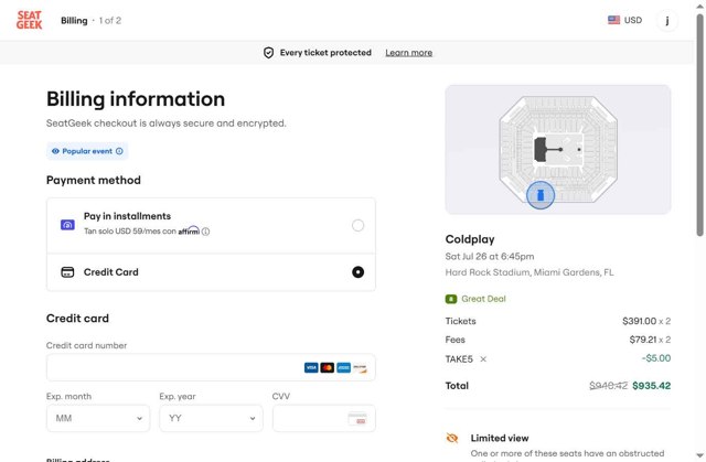 SeatGeek checkout page showing SeatGeek promo code box | Screenshot taken by SimplyCodes community member on Jul 9, 2025