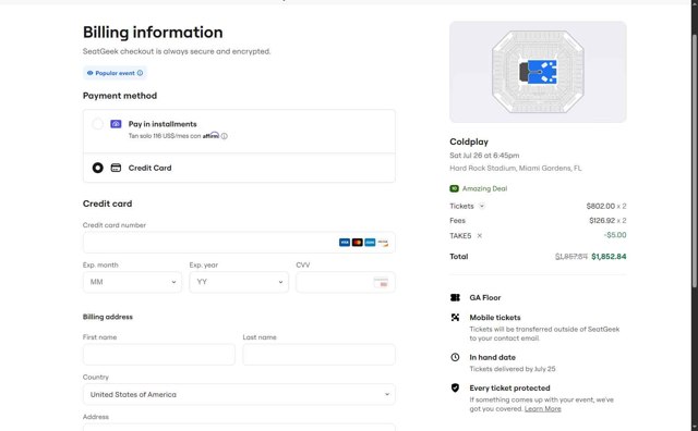 SeatGeek checkout page showing SeatGeek promo code box | Screenshot taken by SimplyCodes community member on May 26, 2025