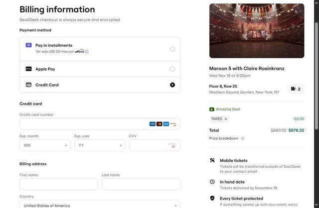 SeatGeek checkout page showing SeatGeek promo code box | Screenshot taken by SimplyCodes community member on Aug 8, 2025