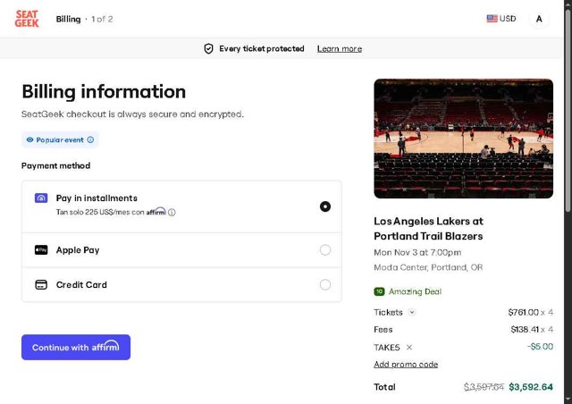 SeatGeek checkout page showing SeatGeek promo code box | Screenshot taken by SimplyCodes community member on Aug 17, 2025