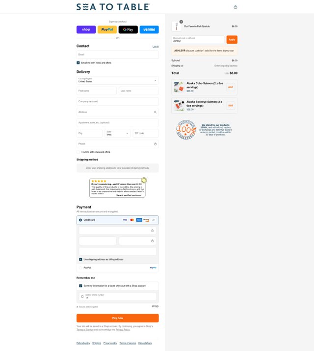 Sea to Table checkout page showing Sea to Table discount code box | Screenshot taken by SimplyCodes community member on Sep 3, 2025