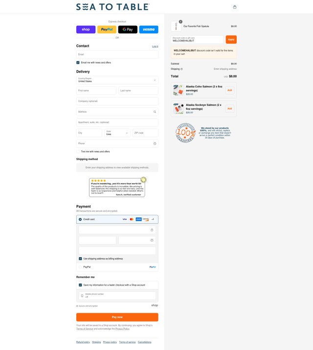 Sea to Table checkout page showing Sea to Table discount code box | Screenshot taken by SimplyCodes community member on Sep 3, 2025