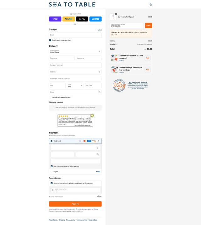 Sea to Table checkout page showing Sea to Table discount code box | Screenshot taken by SimplyCodes community member on Sep 3, 2025